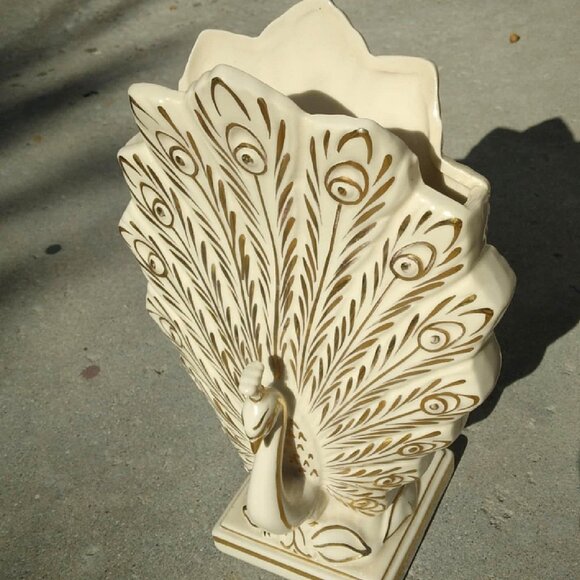 Stunning 24K Gold Gilded LusterGlazed Porcelain Hollywood Regency Peacock Vase - Picture 9 of 12